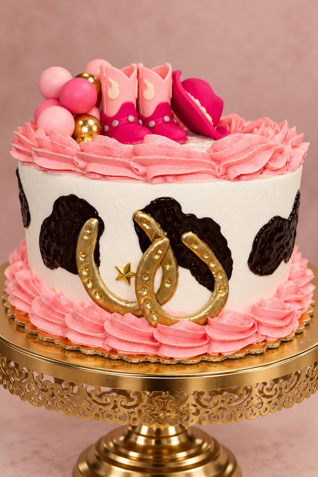 A custom cow-print cake with pink piping by FrostedbyD