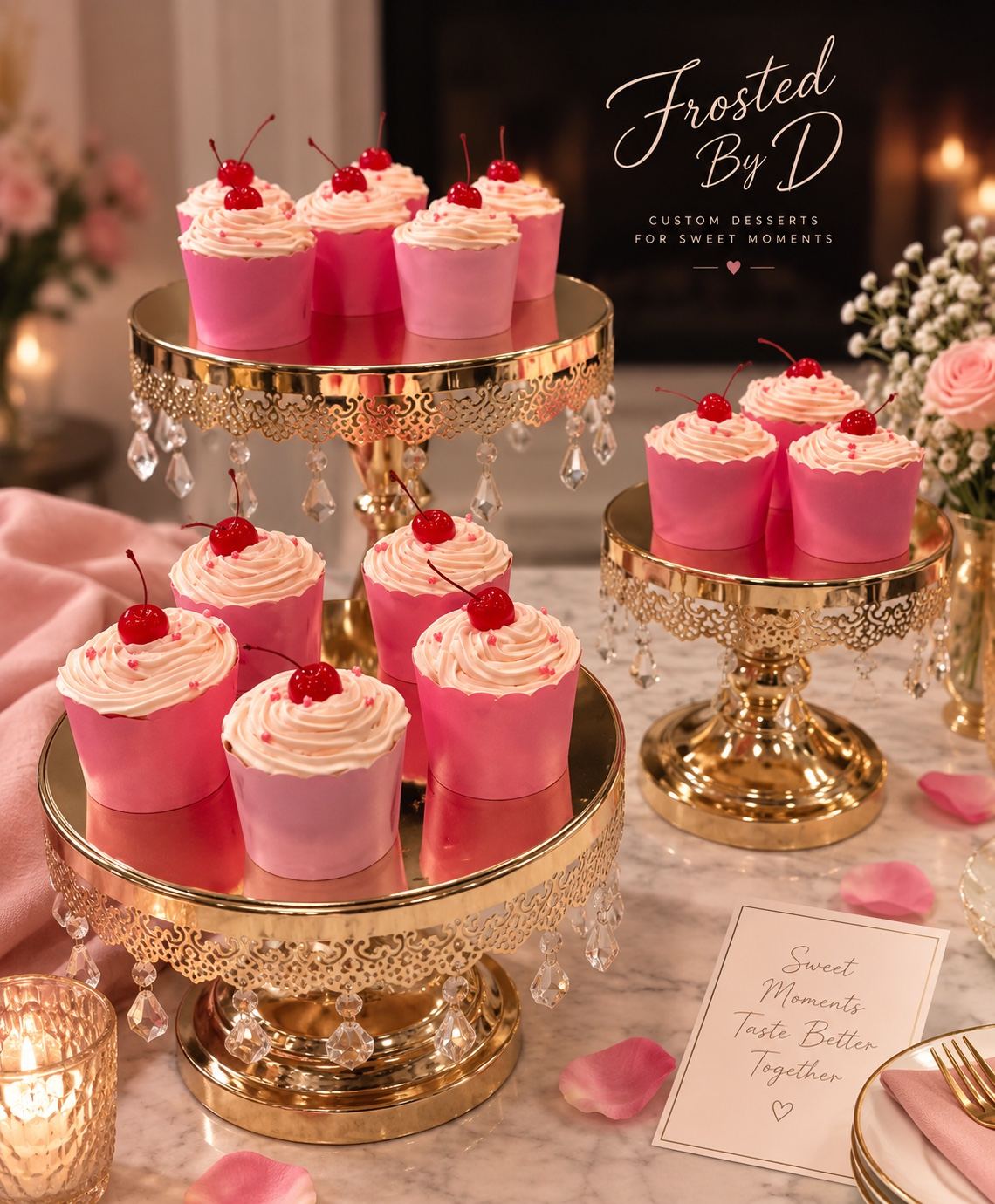 A tiered gold cake stand of FrostedbyD cherry-topped cupcakes, styled for a celebration